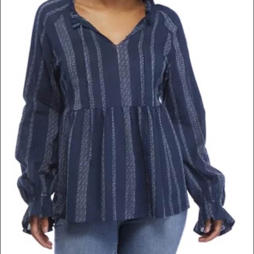 Wonderly Navy Stripe Peasant Blouse Bohemian Tassel Strings | Size XL